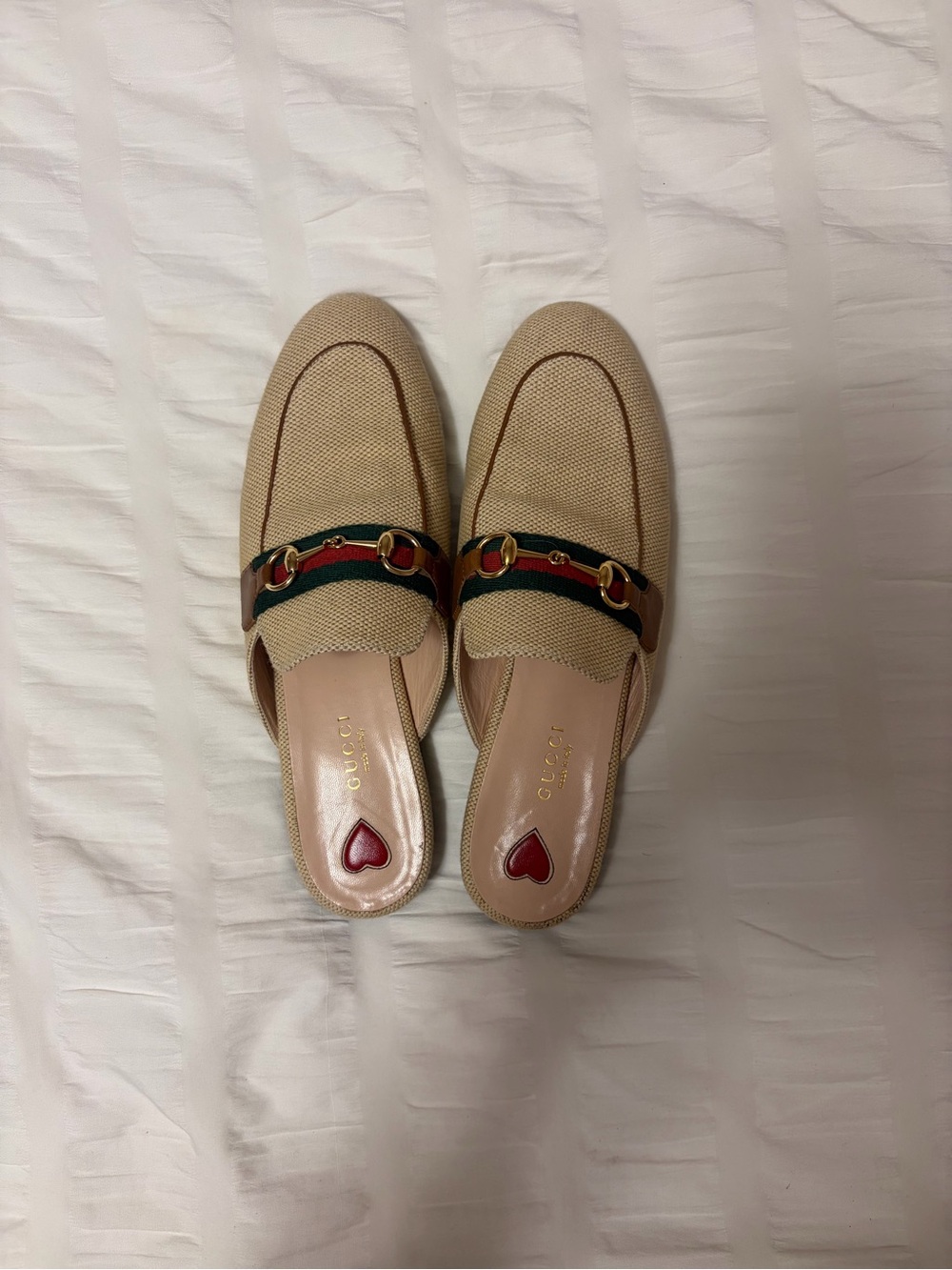 Gucci Beige Canvas Horsebit Mules with Green-Red Web
